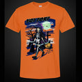 Orange t-shirt with a Halloween-themed graphic design featuring artwork from our Yoi Toki Halloween Party drawn by the artist Mizucat