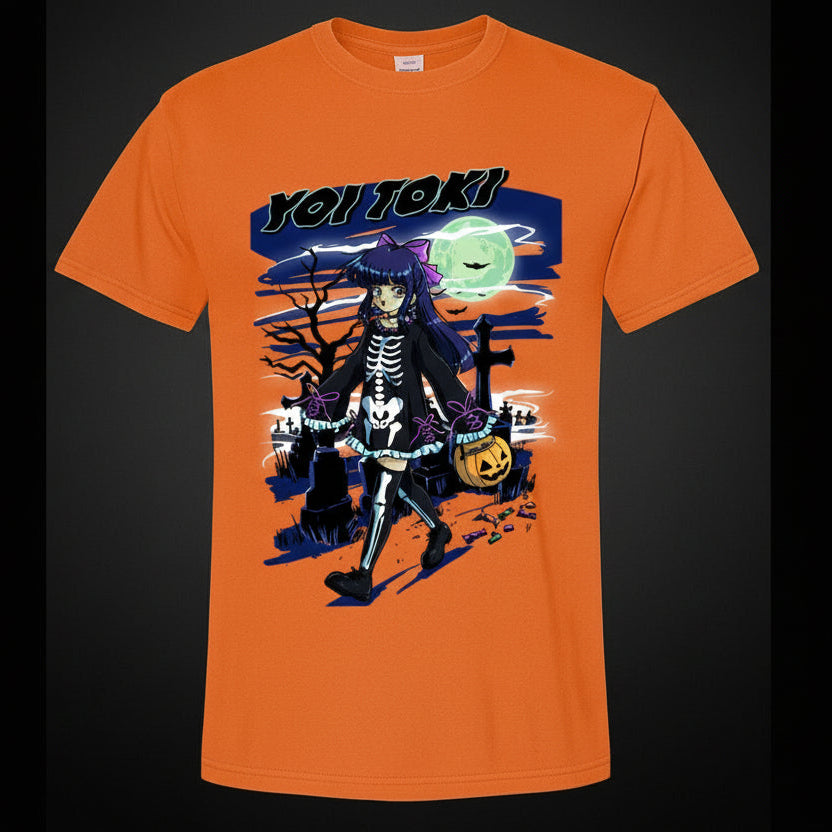 Orange t-shirt with a Halloween-themed graphic design featuring artwork from our Yoi Toki Halloween Party drawn by the artist Mizucat